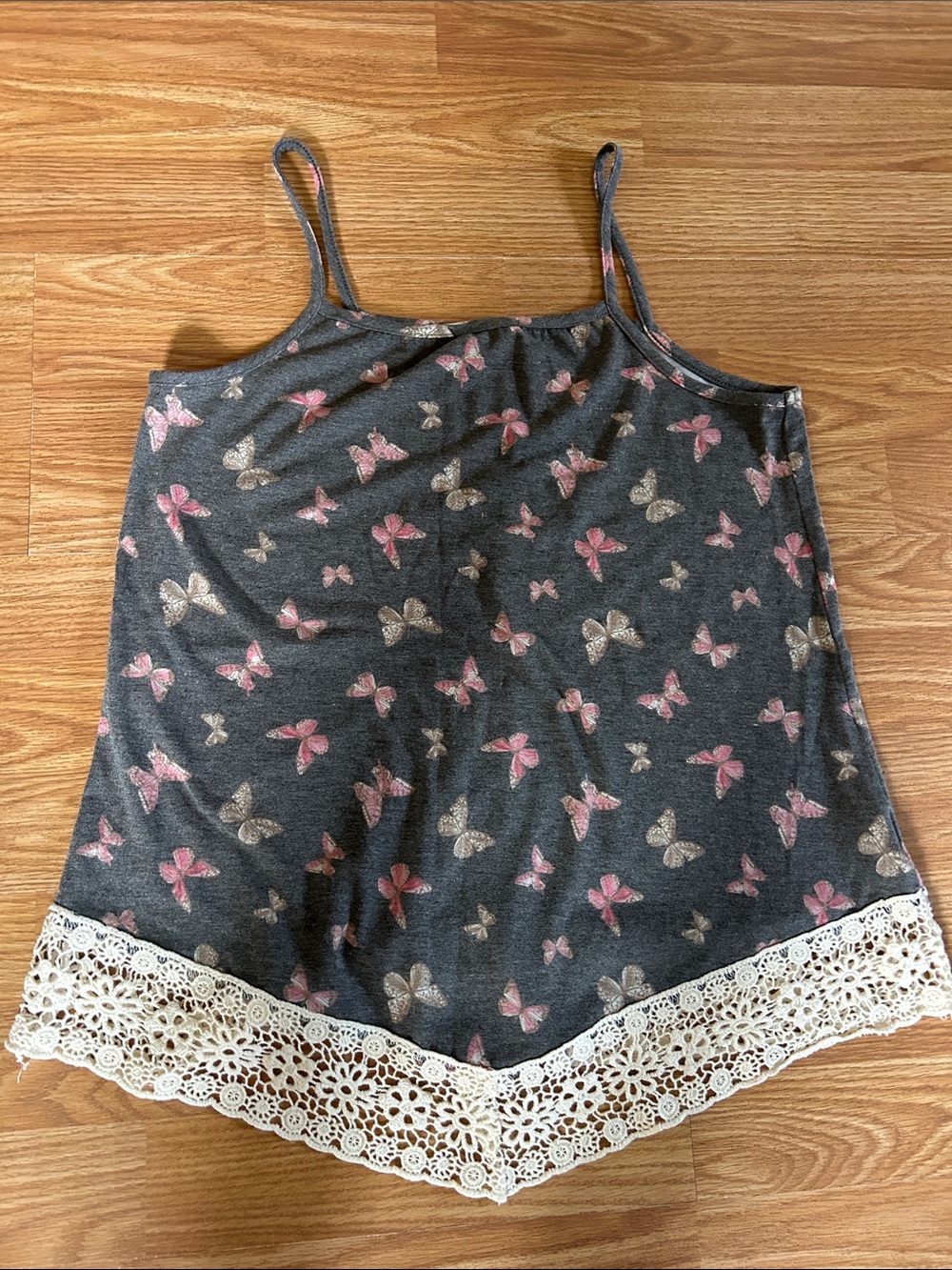 Warehouse Charcoal Butterfly Print Cami with Cream Lace Hem
